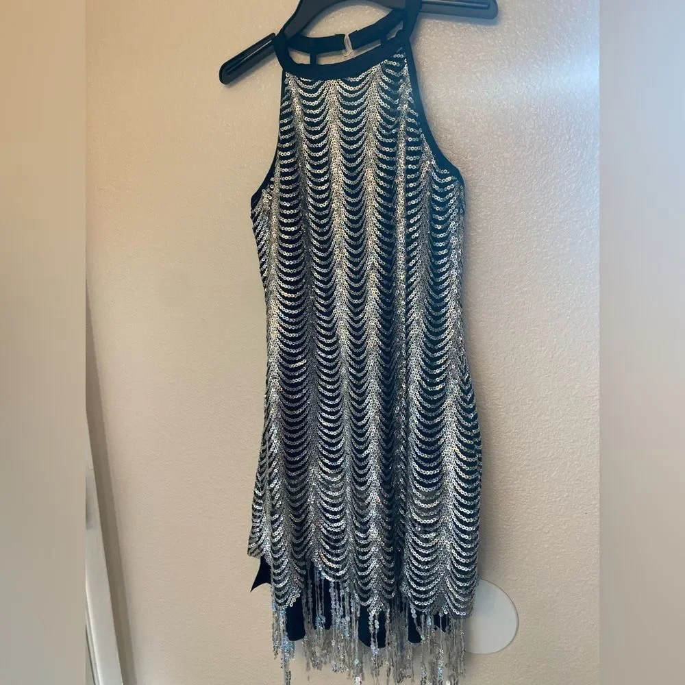 WEISSMAN Dance Costume silver sequin fringe dress flapper Charleston 9468 LA
